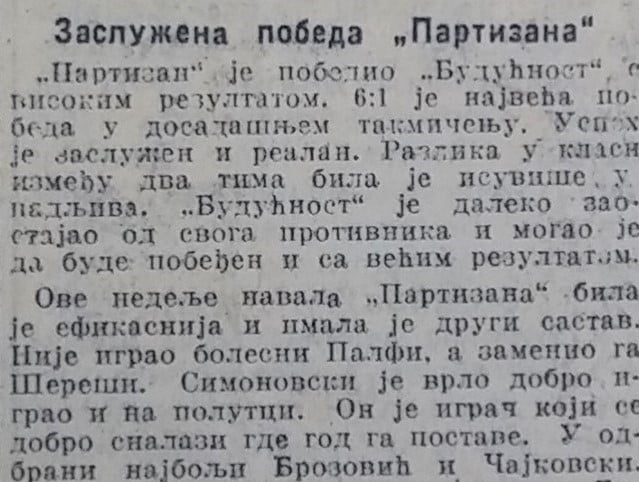 SEZONA 1946/47  2.kolo-Partizan-Buducnost-6-1-01.09.1946.